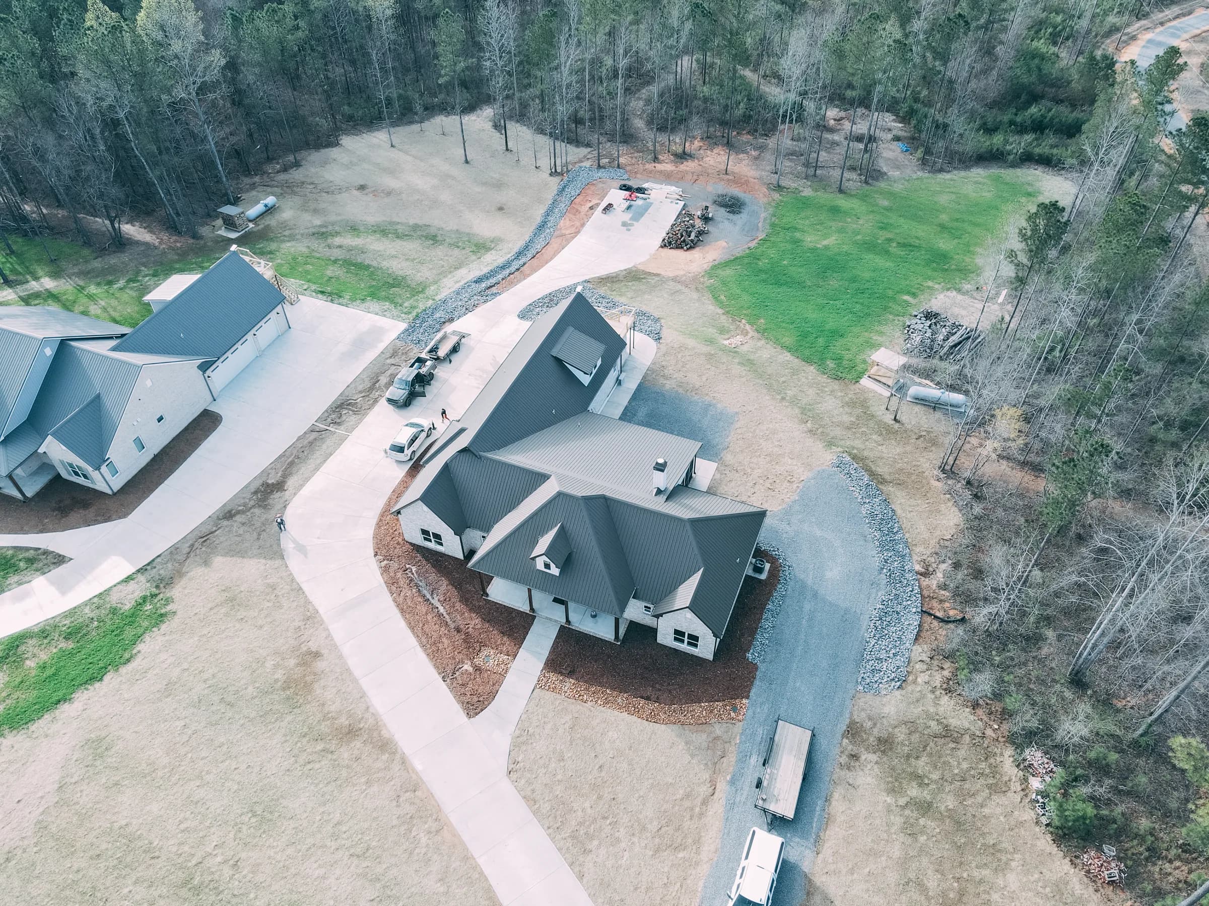 Aerial view of a custom outdoor living project by Waterstone Companies in East Alabama